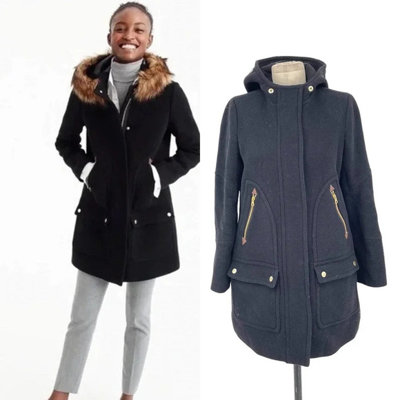J. Crew Chateau Parka Jacket in Italian Stadium-Cloth Wool‎ Black Size 4 - Picture 1 of 10